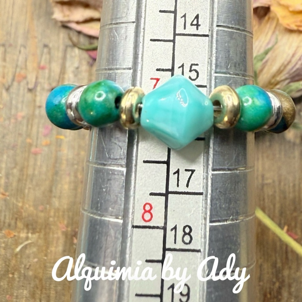 Turquoise & Gold Accent Beaded Ring — Size 7 — Steel Wire